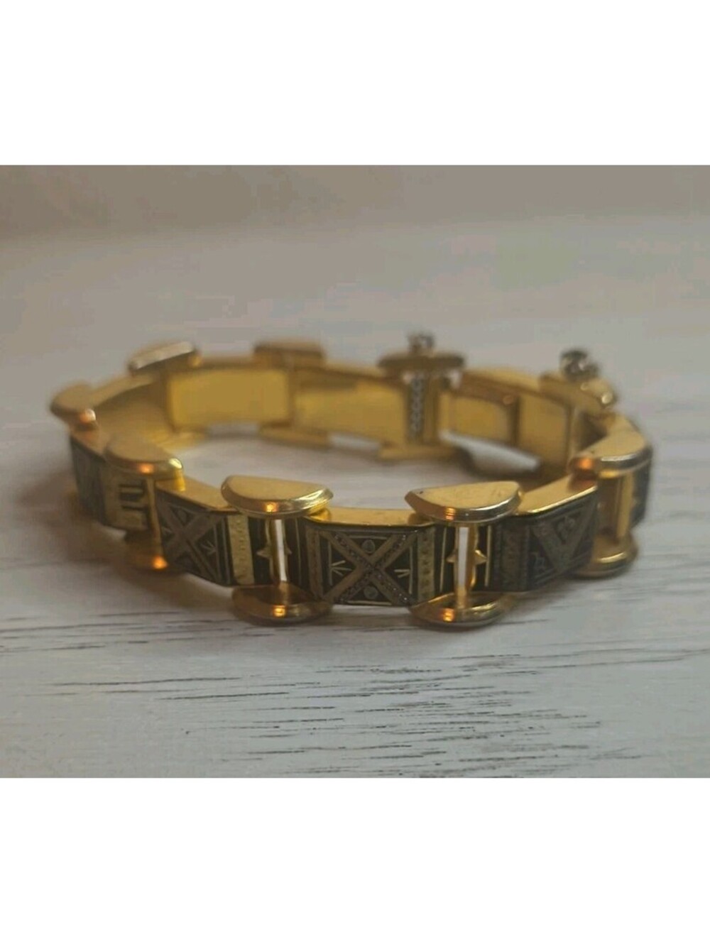Spanish damascene gold tone black hand etched link heavy bracelet vintage RARE